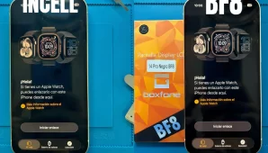 Comparativa en mesa de taller: pantalla InCell genérica y pantalla BF8 para iPhone con el embalaje a un lado.