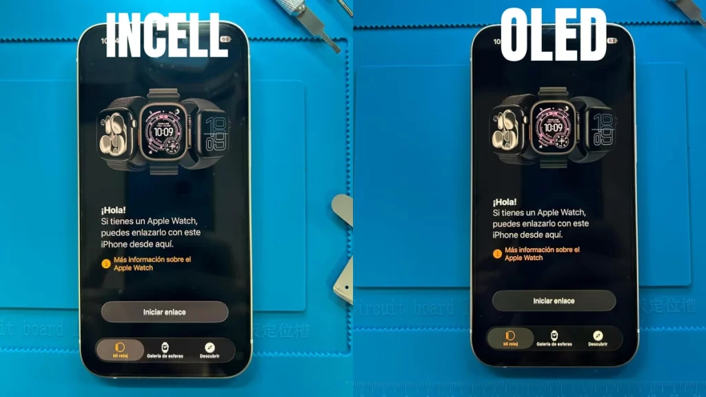 Dos iPhone en mesa de reparación comparando calidad de imagen: pantalla LCD InCell con negros grisáceos a la izquierda y pantalla OLED con negros profundos a la derecha.