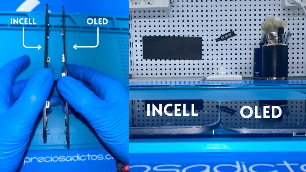 Fotografía macro del perfil de repuestos iPhone: diferencia de grosor entre el módulo LCD InCell más ancho y el panel OLED ultrafino para un encaje perfecto.