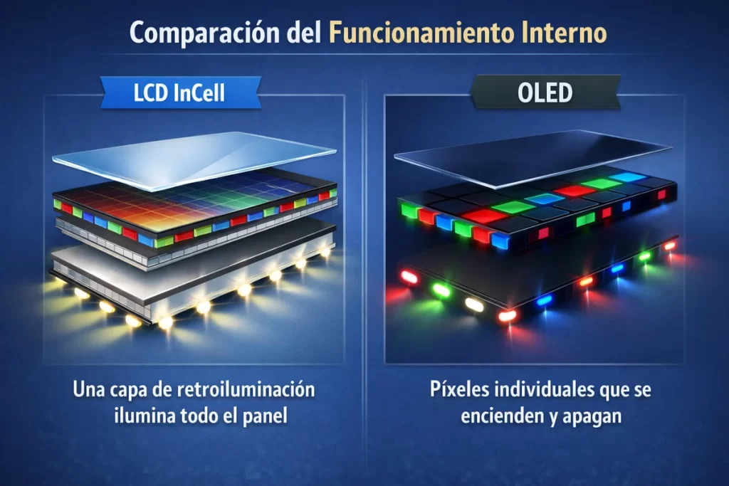 Gráfico técnico comparativo: funcionamiento de la retroiluminación en paneles LCD InCell frente a los píxeles autoiluminados de la tecnología OLED