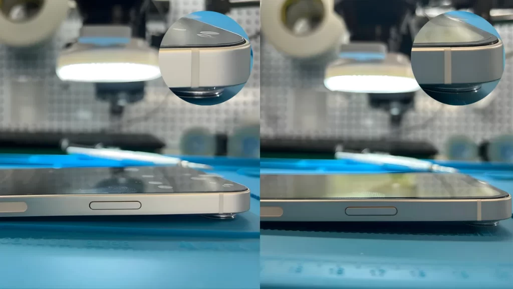 Comparativa macro del borde en un iPhone: Soft OLED a ras del marco frente a Hard OLED con un leve escalón por mayor grosor.