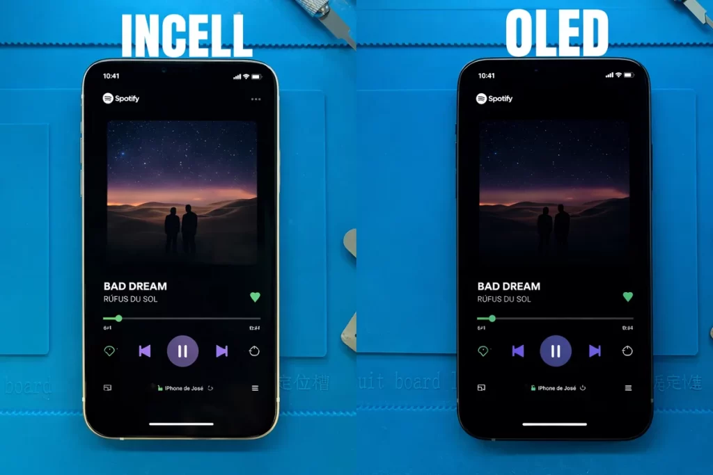 Comparativa de contraste: pantalla iPhone LCD InCell emitiendo luz residual gris frente a pantalla OLED con negro absoluto y píxeles apagados