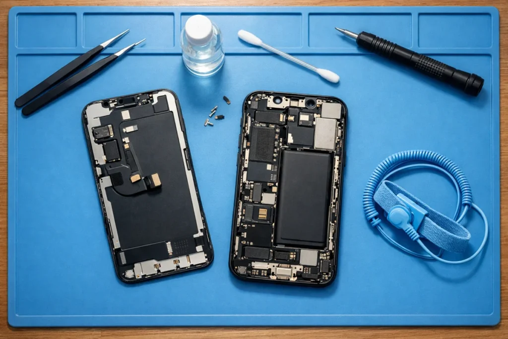 Diagnóstico de pantalla iPhone en banco de trabajo — iPhone desmontado con herramientas de reparación