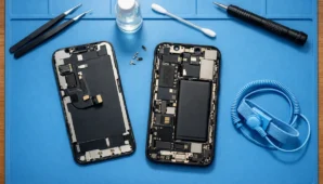 Diagnóstico de pantalla iPhone en banco de trabajo — iPhone desmontado con herramientas de reparación