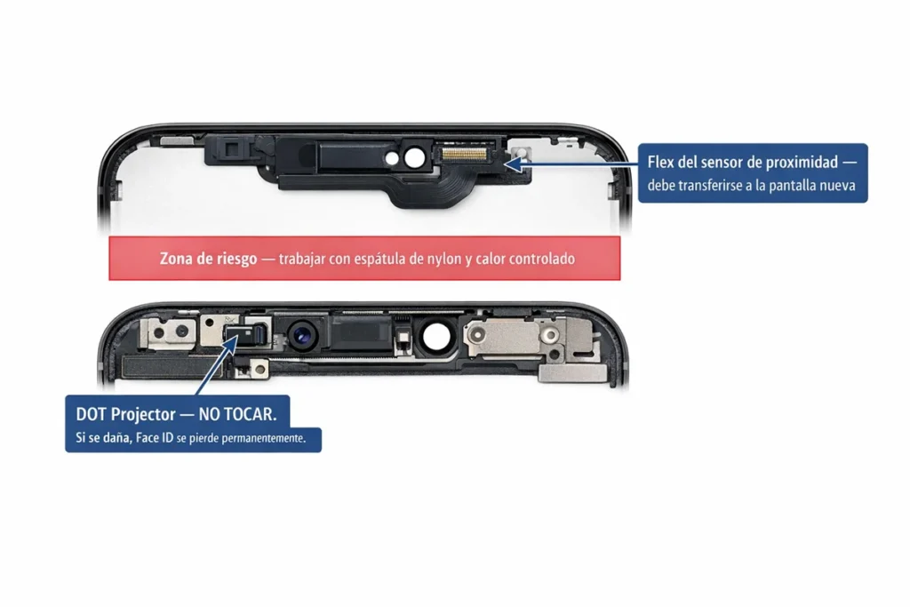 Anatomía del notch de iPhone desmontado — flex del sensor en pantalla, DOT Projector en chasis y zona de riesgo