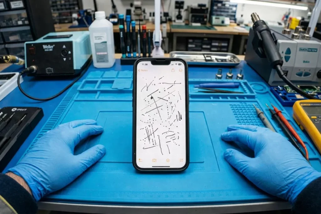 Ghost touch en iPhone — teclado registrando pulsaciones fantasma sin contacto en banco de trabajo