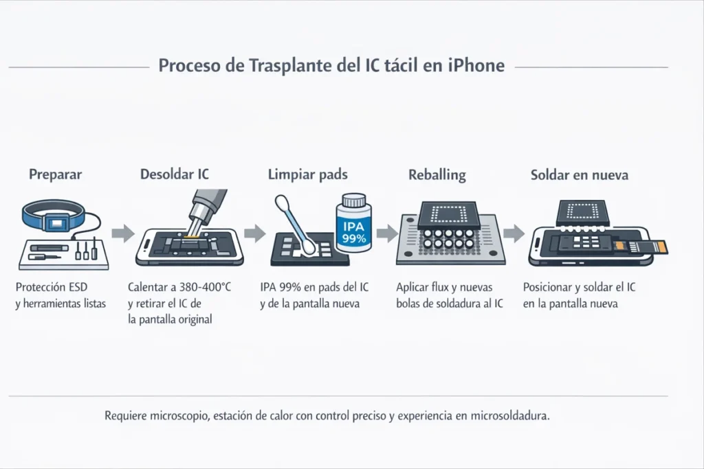 Esquema del proceso de trasplante de IC táctil en pantalla iPhone