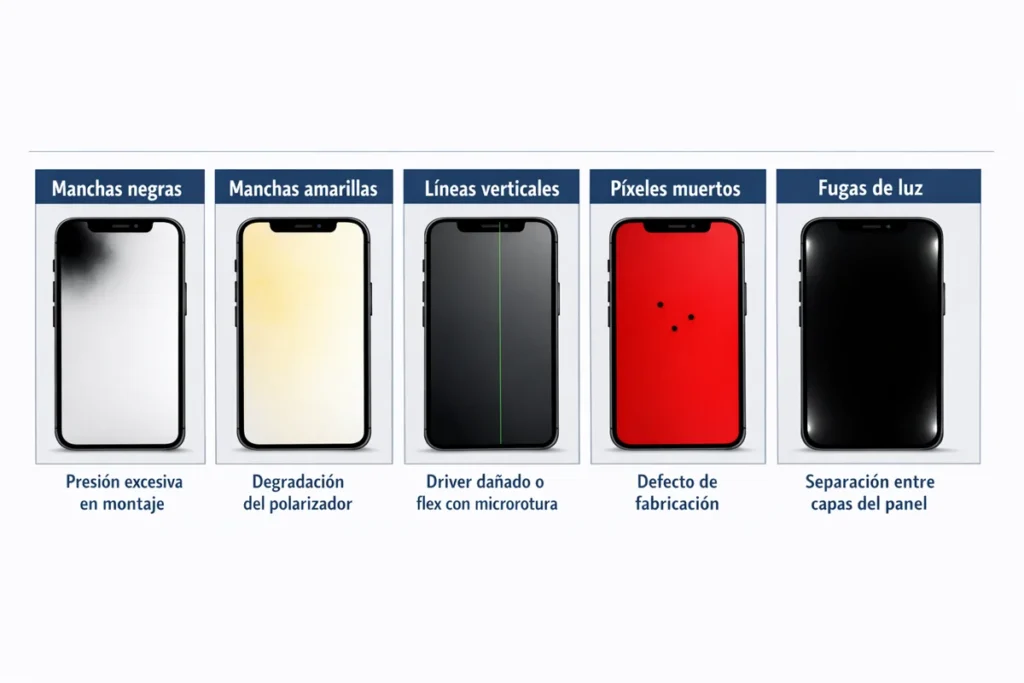 Tipos de defectos visuales en pantallas de repuesto iPhone — manchas, líneas y píxeles muertos