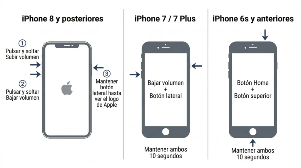 Diagrama de reinicio forzado del iPhone según el modelo — iPhone 8+, iPhone 7 y iPhone 6s