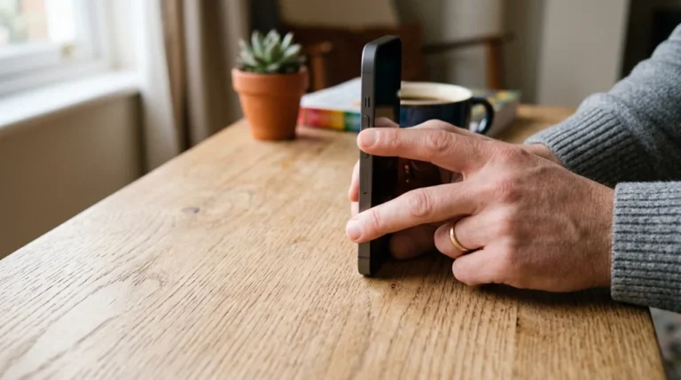 iPhone con la pantalla en negro sobre una mesa — mano del usuario pulsando el botón lateral