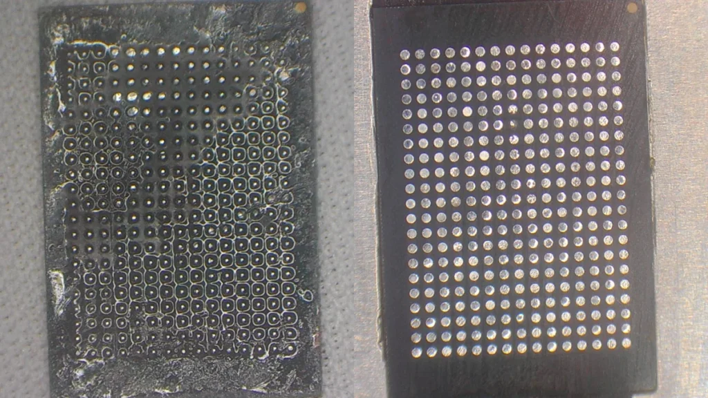 Pads del IC táctil antes y después de limpieza — vista bajo microscopio
