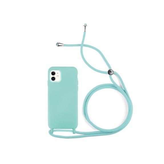 FUNDA DE SILICONA CON CORDON COLOR AZUL TURQUESA PARA IPHONE 11