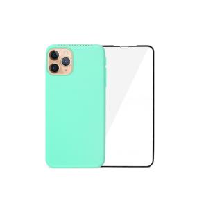 FUNDA SILICONA TURQUESA + VIDRIO TEMPLADO PARA IPHONE 11 PRO