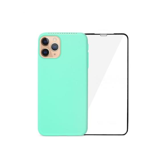 FUNDA SILICONA TURQUESA + VIDRIO TEMPLADO PARA IPHONE 11 PRO