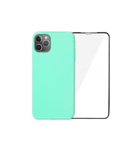 FUNDA SILICONA TURQUESA + VIDRIO TEMPLADO PARA IPHONE 11 PRO MAX