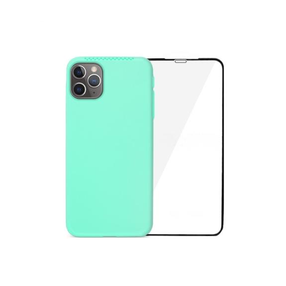 FUNDA SILICONA TURQUESA + VIDRIO TEMPLADO PARA IPHONE 11 PRO MAX