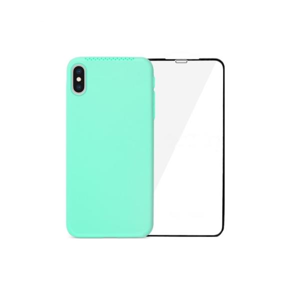 FUNDA SILICONA TURQUESA + VIDRIO TEMPLADO PARA IPHONE XS MAX