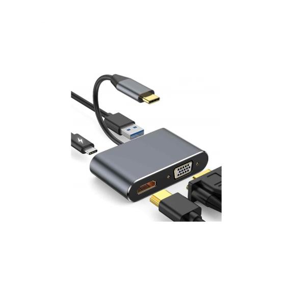 ADAPTADOR GRIS 4 EN 1 TIPO C A HDMI + VGA + USB + TIPO C