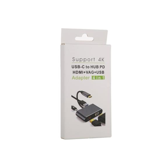 ADAPTADOR GRIS 4 EN 1 TIPO C A HDMI + VGA + USB + TIPO C