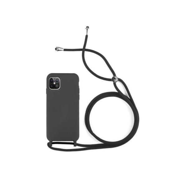 FUNDA DE SILICONA SUAVE NEGRO CON CORDON PARA IPHONE 12 PRO MAX