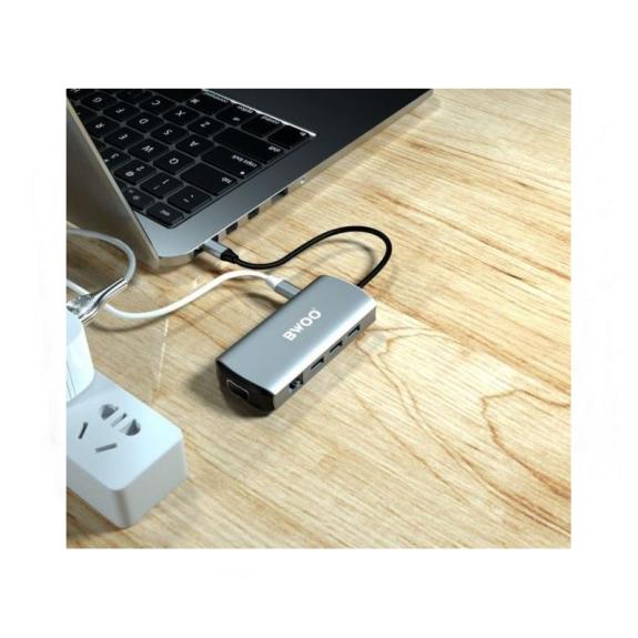 ADAPTADOR MULTIFUNCION BWOO CON HDMI-VGA-RJ45 USB - TIPO C GRIS