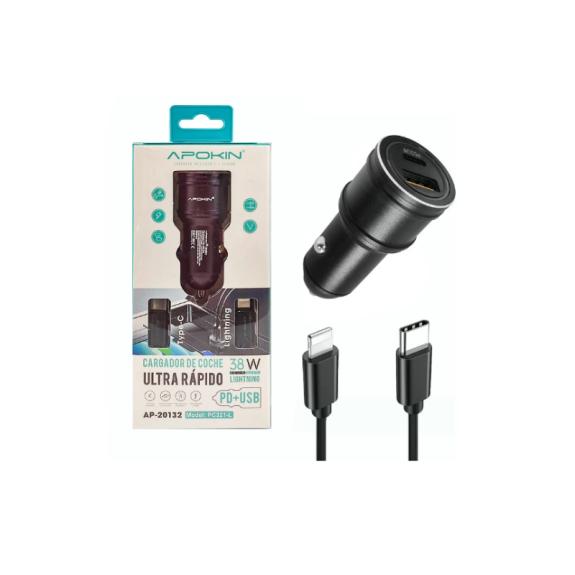 ADAPTADOR PARA COCHE USB-A / Tipo C - Cable Tipo C y Lighting