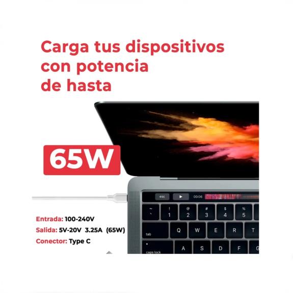 Cargador Para Portatil USB-C 5V-20V 3.25A 65W Blanco
