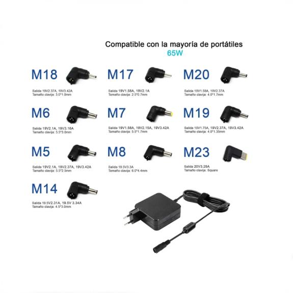 Cargador Universal 9.5-20V 65W 9 Tips