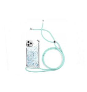 FUNDA GEL TRANSPARENTE CON CORDON AZUL TURQUESA PARA IPHONE 13