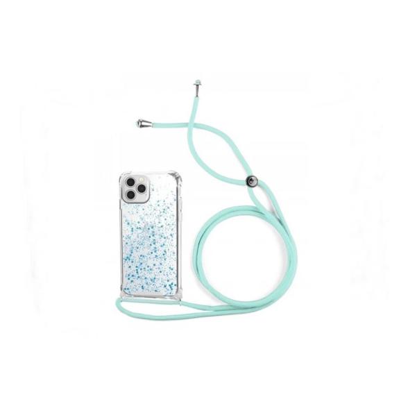 FUNDA GEL TRANSPARENTE CON CORDON AZUL TURQUESA PARA IPHONE 13