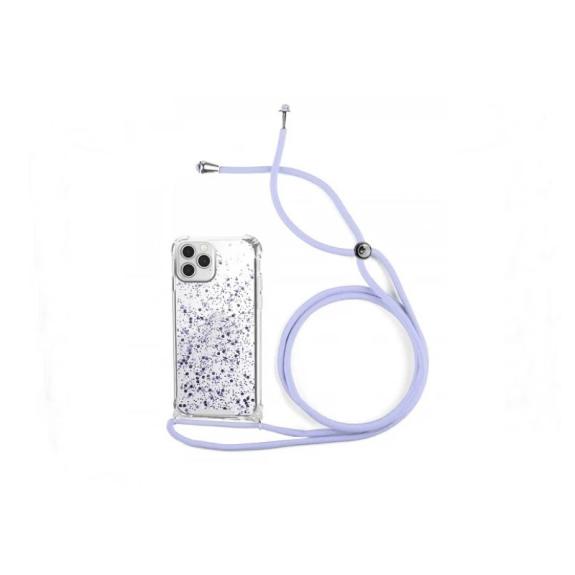 FUNDA GEL TRANSPARENTE CON CORDON LILA PARA IPHONE 13 PRO