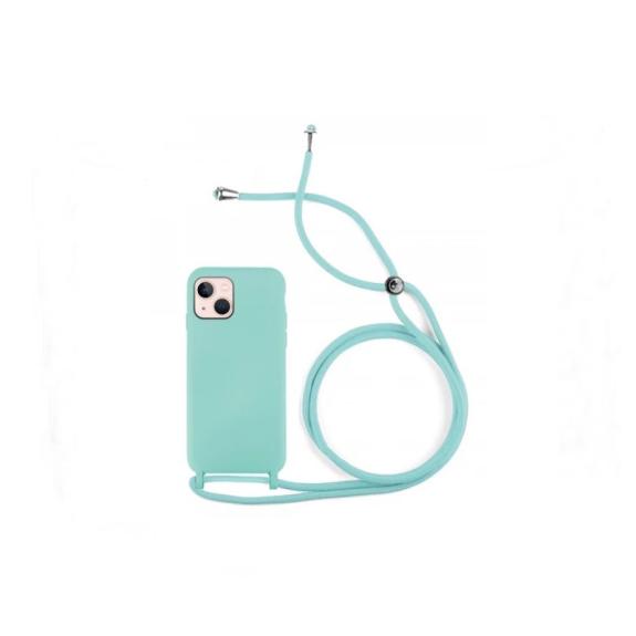 Funda suave para iPhone 14 azul turquesa con cordon