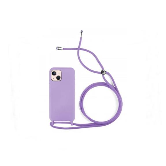 Funda suave para iPhone 14 lila con cordon