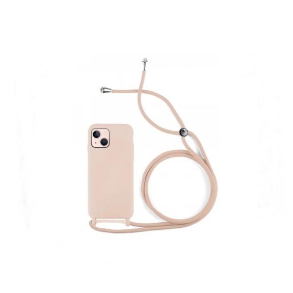 Funda suave para iPhone 14 Plus rosa con cordon