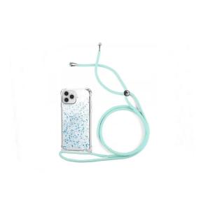 FUNDA TRANSPARENTE CON CORDON AZUL TURQUESA PARA IPHONE 13 PRO