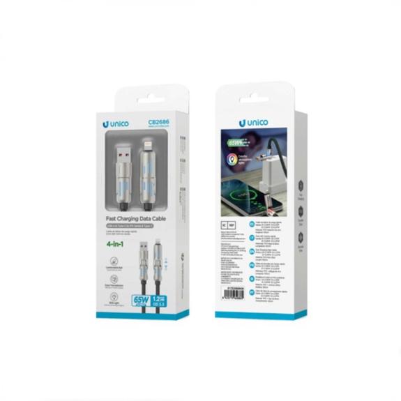 Unico Cable 4 en 1 USB a Tipo-C y Tipo-C a Lightning 1.2m -Negro