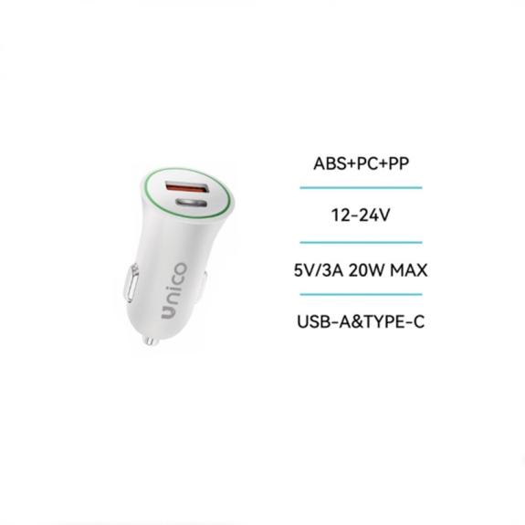 Unico Cargador de coche Dual USB y Tipo-C 3A - Blanco