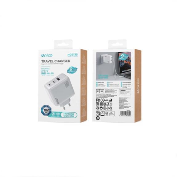 Unico Cargador triple USB y 2 Tipo-C PD100W carga rapida –Blanco