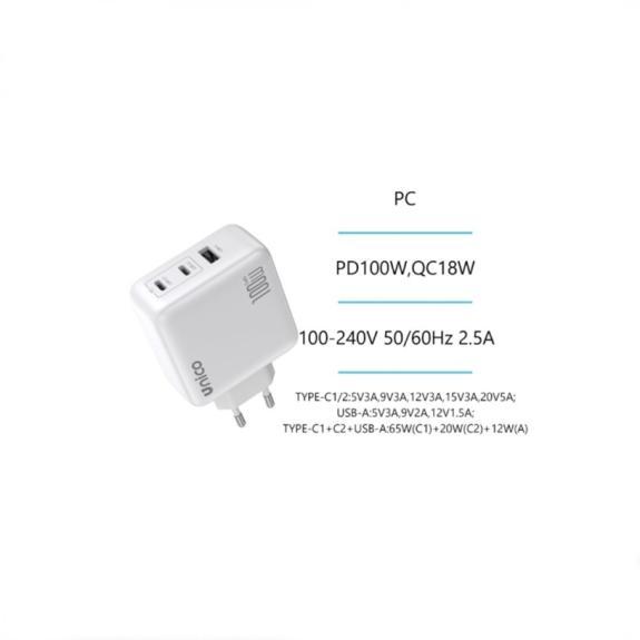 Unico Cargador triple USB y 2 Tipo-C PD100W carga rapida –Blanco