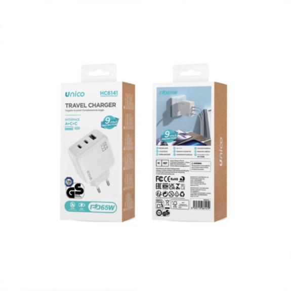 Unico Cargador triple USB y 2 Tipo-C PD65W carga rapida – Blanco