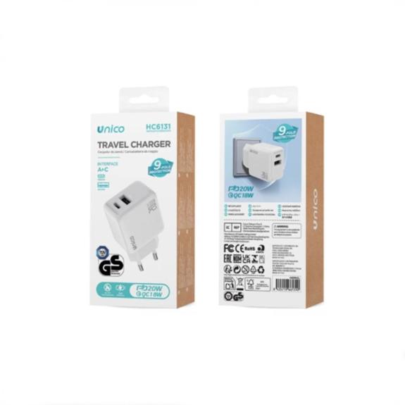 Unico Cargador USB y Tipo-C PD20W QC18W carga rapida - Blanco