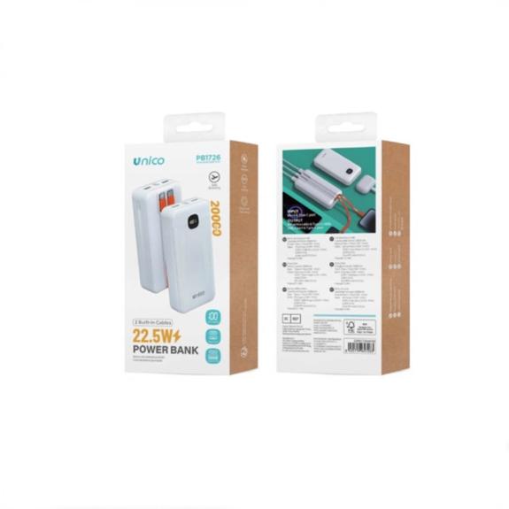 Unico Power Bank con cable Tipo-C y Lightning - Blanco(20000mAh)