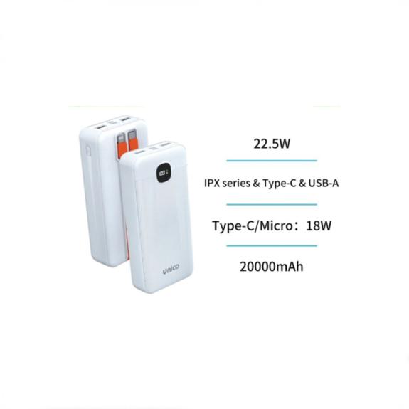 Unico Power Bank con cable Tipo-C y Lightning - Blanco(20000mAh)